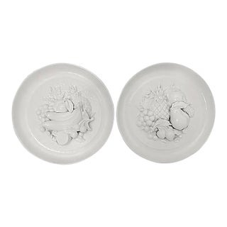Pair of Mid-Century Trompe L’Oeil Fruit Plates, White Bas-Relief, Napco 1952/1966 For Sale