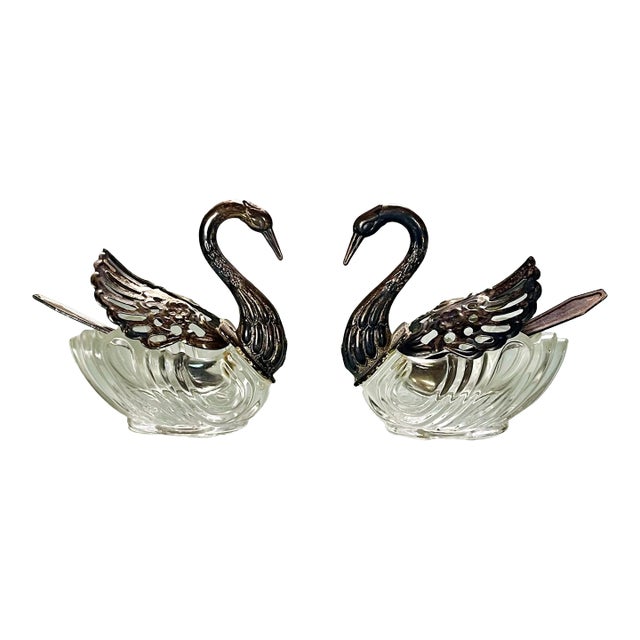 Vintage Silverplate & Glass Swan Salt & Pepper Dishes- a Pair For Sale