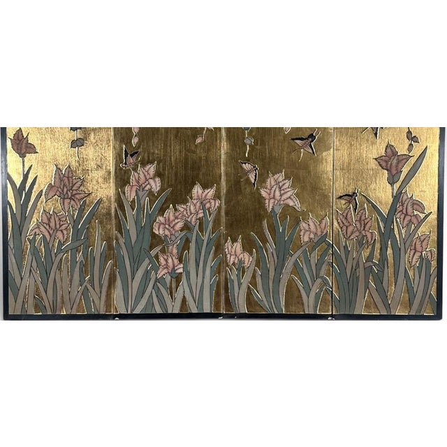 Vintage Chinese Chinoiserie Gilt Wood Wall Panels Panoramic Wisteria and Iris Floral Scene Set of Four For Sale - Image 15 of 18