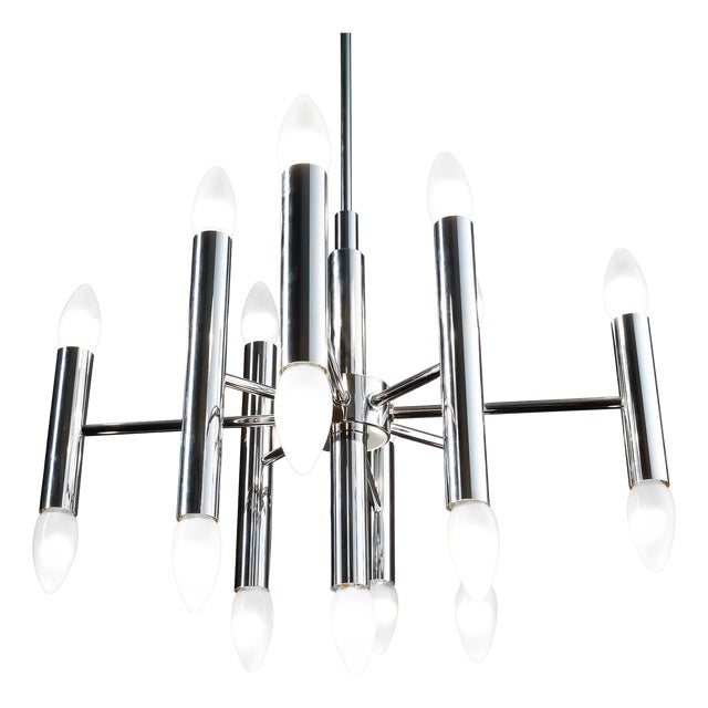 Italian Chandelier in Shiny Chrome with 17 Light Sources by Gaetano Sciolari, 1960s For Sale