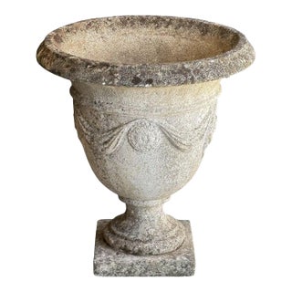 English Garden Stone Urn or Planter Pot With Garland Motif For Sale
