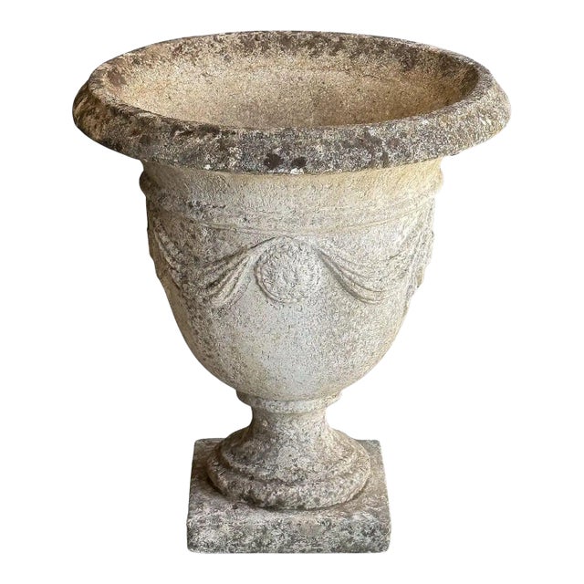 English Garden Stone Urn or Planter Pot With Garland Motif For Sale