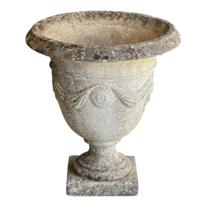 English Garden Stone Urn or Planter Pot With Garland Motif