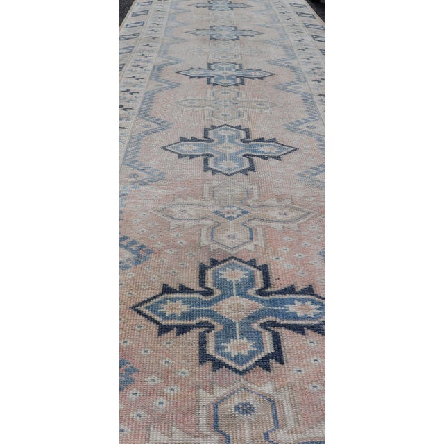 Long Vintage Turkish Oushak Runner in Various Blue, Taupe, and Cream 2'11 X 15'5 For Sale - Image 4 of 10