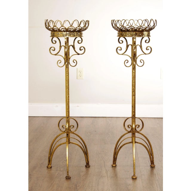 Hollywood Regency Gilt Metal Scroll Candle Stands - A Pair For Sale - Image 4 of 13