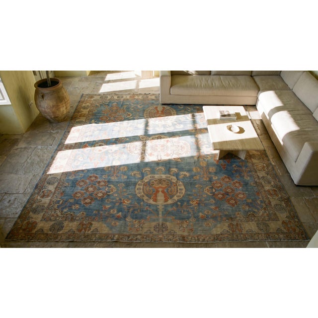 Phenomenal Blue and Tan Beige Color Medallion Design Antique Malayer Rug For Sale - Image 9 of 11
