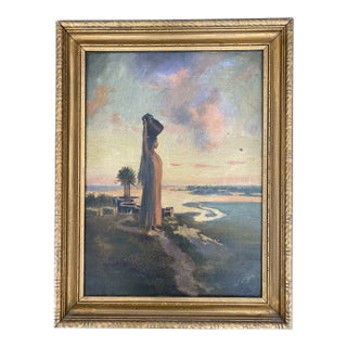 Original Portrait Woman Overlooking Seaside Signed M. Farrell For Sale