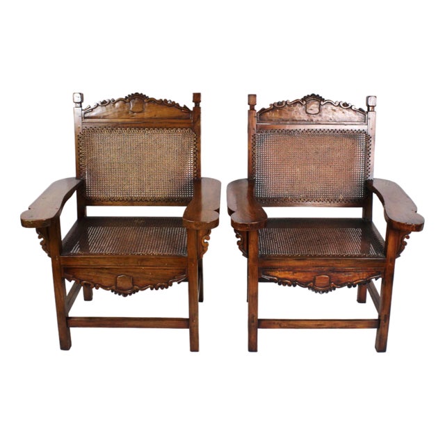 Pair of Antique Handmade Caned Carved Anglo Indian Armchairs For Sale