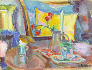 'Still Life of Roses on a Tea Table' by Albert Naur, Paris, Academie De La Palette, Benezit Circa 1955