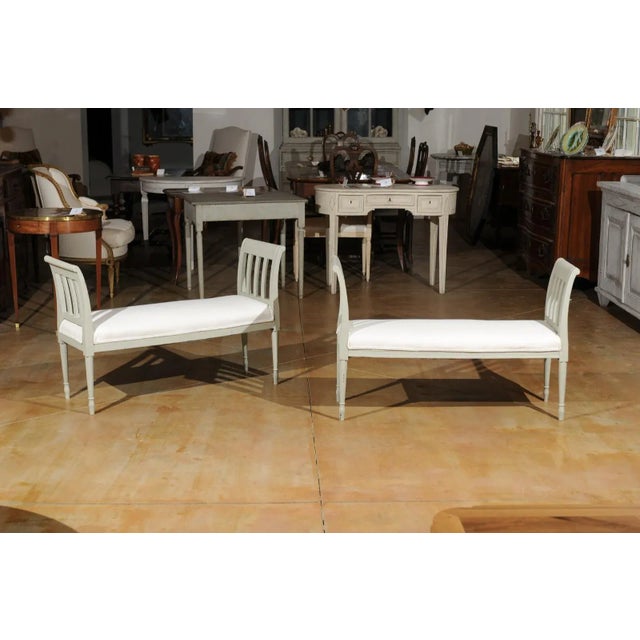 Italian 1890s Painted Wood Classical Bench with Scrolling Arms and Upholstery For Sale - Image 4 of 12