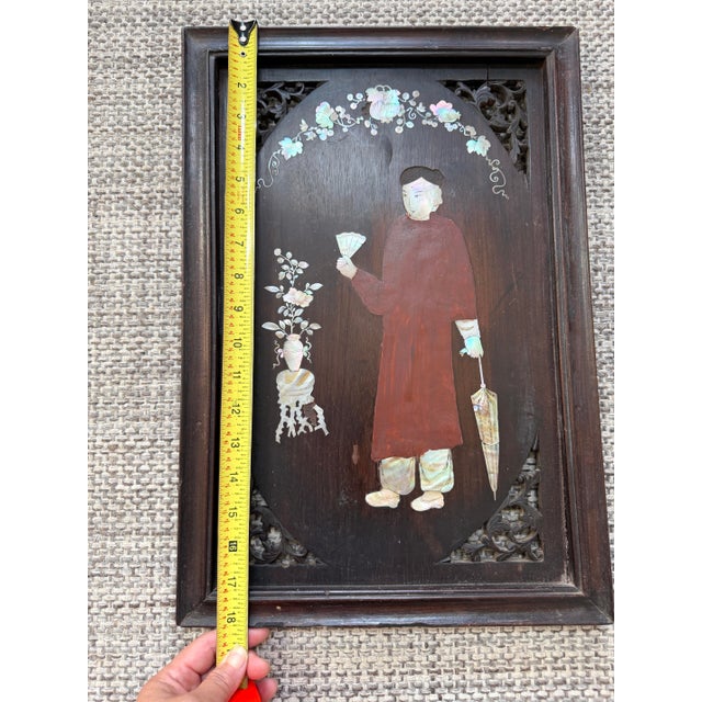 Vintage Vietnamese Mother of Pearl Inlaid Lacquer Wood Panel Openwork Fretwork Frame 18.25"x12.5" For Sale - Image 12 of 14