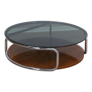 Large Italian Round Chrome and Smoked Glass Coffee Table on Wheels, 1970s For Sale