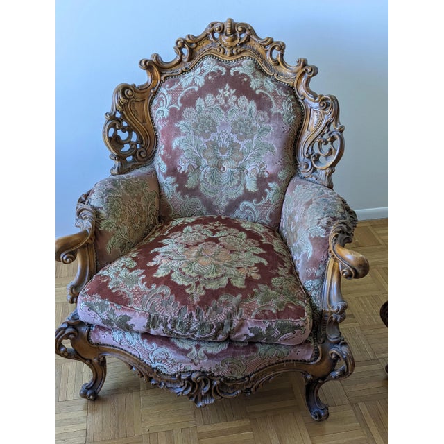 A beautifully carved pair of Vintage Italian Rococo design armchairs have carving. Italian vintage around 1950s furniture...