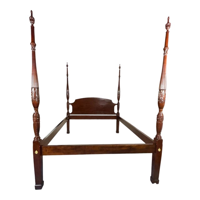 Late 20th Century Mahogany Queen Size Four Post Carved Rice Bed Made Attributed to Henkel Harris For Sale