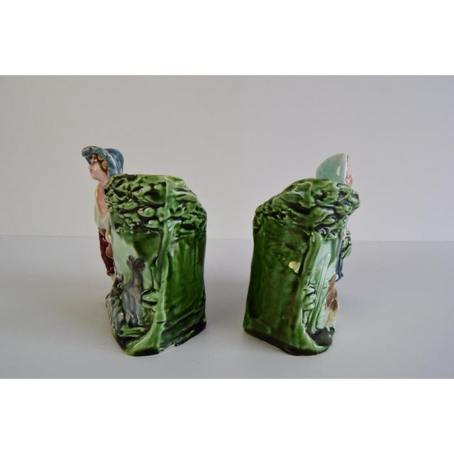 Shepherd and Shepherdess Majolica Flower Vases from HK, 1890s, Set of 2 For Sale - Image 6 of 13