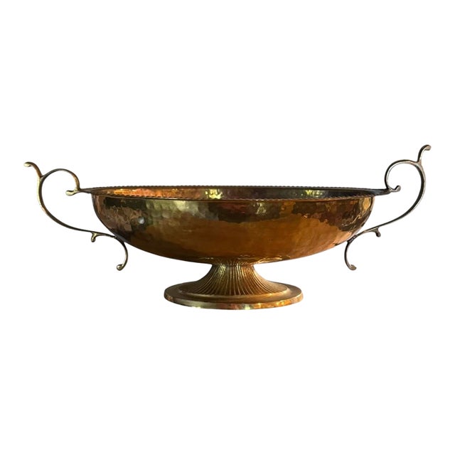 Vintage Hammered Brass Double Handled Pedestal Centerpiece Bowl - 17” For Sale