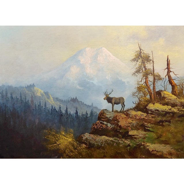 American The Lonely Elk on Mount Shasta - 19th Century Oil Painting For Sale - Image 3 of 9