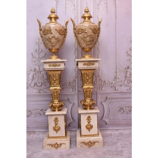 French Pair of Large Neoclassical Beige Marble and Ormolu Bronze Urn Amphorae With Matching Pedestals For Sale - Image 3 of 16