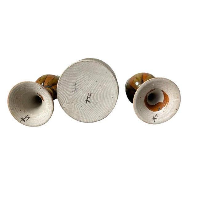 Brown Mid Century Ceramic Artisan Carafe Decanter and Goblet Set Singed- 3 Pieces For Sale - Image 8 of 12