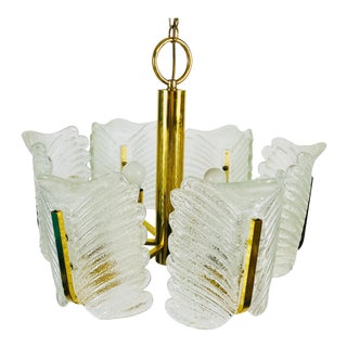 Large 1960s Mid-Century 6-Arm Brass and Ice Glass Chandelier For Sale