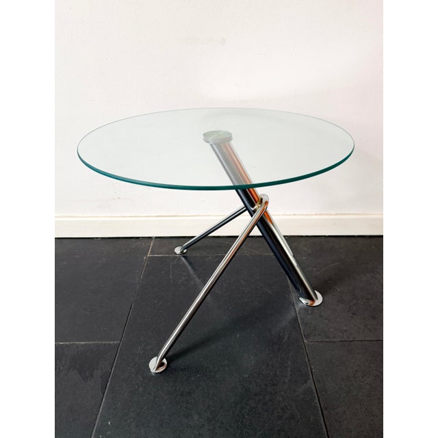 Vintage Modern Minimalist Round Glass Side Table with Sculptural Chrome Base, 1990s For Sale - Image 15 of 15