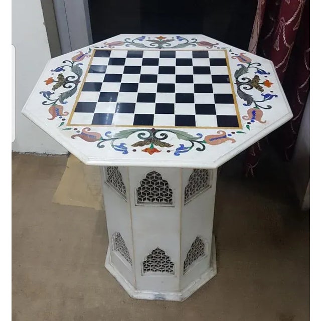 Antique White Vintage Italian Marble Inlaid Chess Table For Sale - Image 8 of 8