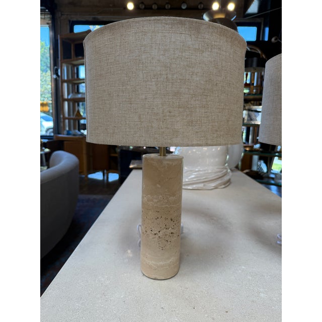 1970s Travertine Cylinder Table Lamps With Linen Drum Shades - a Pair For Sale In Los Angeles - Image 6 of 12