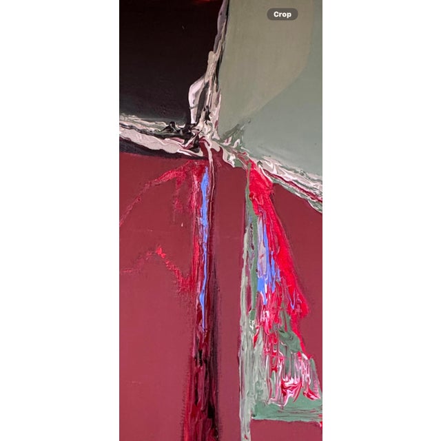 A bold, large-scale abstract titled “Descent” by Houston artist Gena Haber, featuring dramatic vertical movement and...