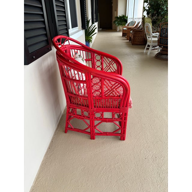 Mid 20th Century Pair of Vintage Rattan Accent Chairs Attributed to Brighton Pavilion, Newly Upholstered in Coral Fabric with Chippendale Lattice Detail Detail For Sale - Image 5 of 7