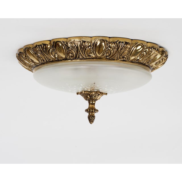 French 1960s Brass & Frosted Glass Flush Mount Fixture For Sale - Image 3 of 7