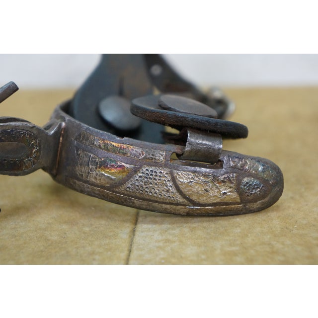 Antique Southwestern Mexican Spanish Cowboy Iron Copper Inlay Horse Spurs For Sale - Image 11 of 16