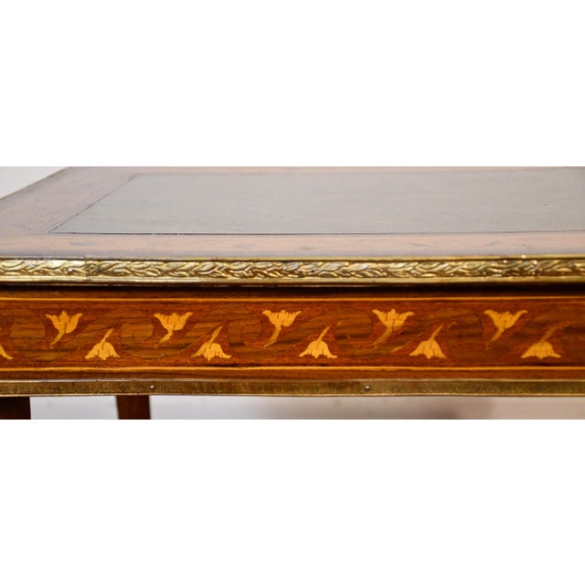 c.1910 French Louis XV Walnut Coffee Table With Satinwood Inlay & Green Marble Top Bronze Mounts For Sale - Image 6 of 16