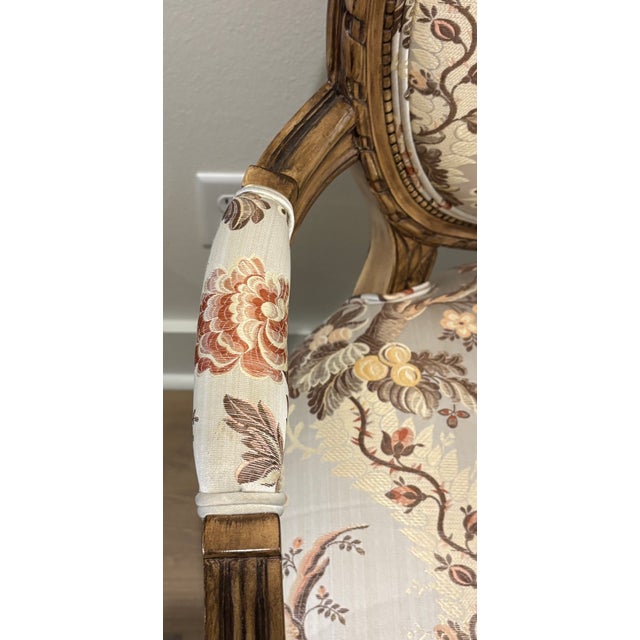 Vintage Louis XVI Style Carved Wood Fauteuil Armchairs in Floral Chinoiserie Upholstery - A Pair For Sale - Image 13 of 18