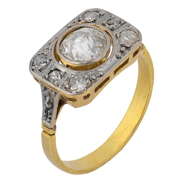 1910s Edwardian Old Cut Diamond Two Tone Ring, Size 4 For Sale