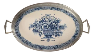 Vintage Blue and White Delft and Pewter Serving Tray