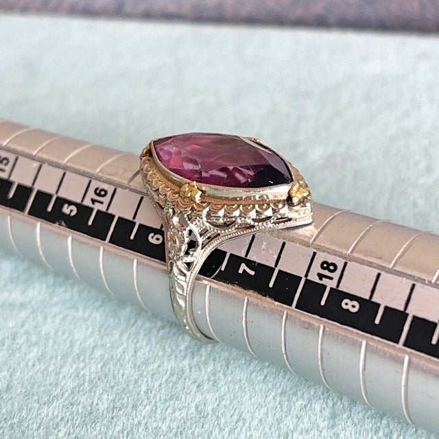 1920s Antique 18k Gold Filigree Marquise Amethyst Ring, Size 7 For Sale - Image 10 of 10