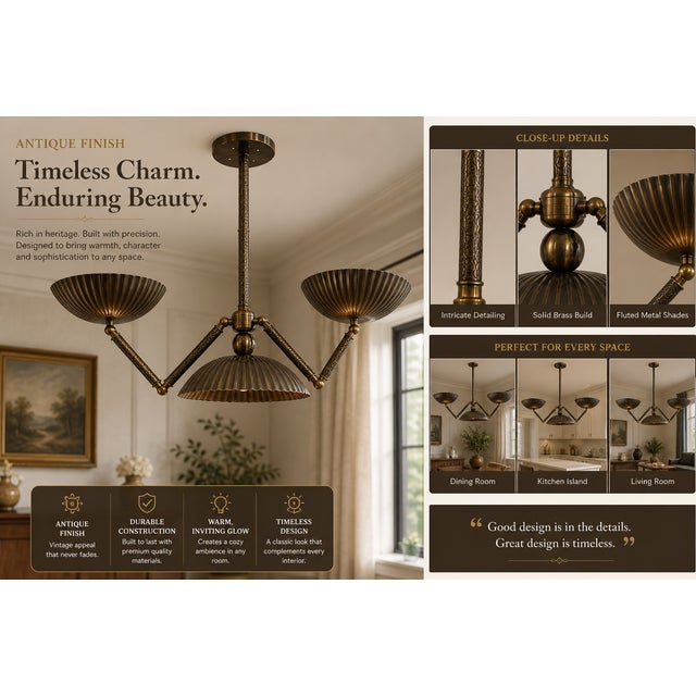 Art Deco Bronze 3 Light Chandelier, Handmade Antique Ceiling Light Fluted Brass Pendant Fixture, Art Deco Dining Room Kitchen Island Lighting For Sale - Image 3 of 11