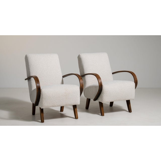 1950-1959 Czech Republic Warm Ivory Boucle Pair Of Bentwood-Arm Lounge Chairs For Sale - Image 9 of 11