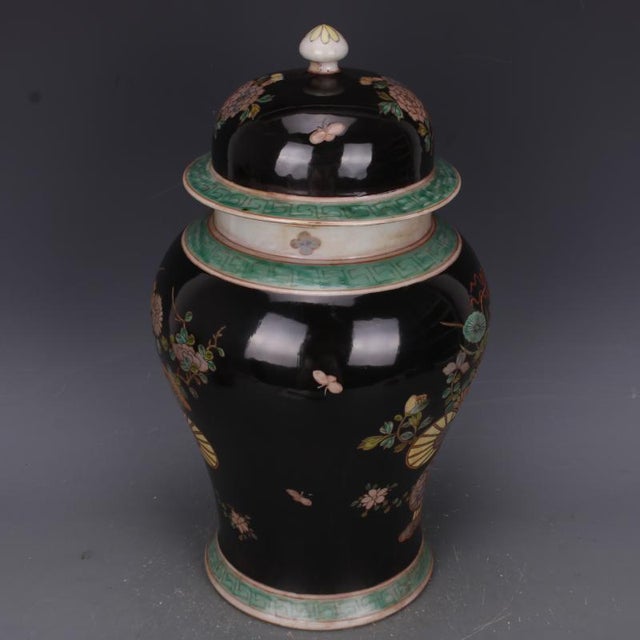 Chinese Antique Chinese Ceramic Pot Qing Dynasty Kangxi Marked Black Ground Famille Rose Porcelain Ginger Jar Hand Painted Flowers Pattern For Sale - Image 3 of 7
