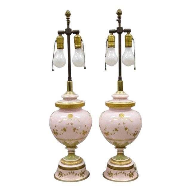 Antique French Louis XV Pink Porcelain Gold Painted Bulbous Table Lamps - A Pair For Sale