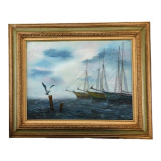 Moored Tall Ships, Oil on Canvas For Sale