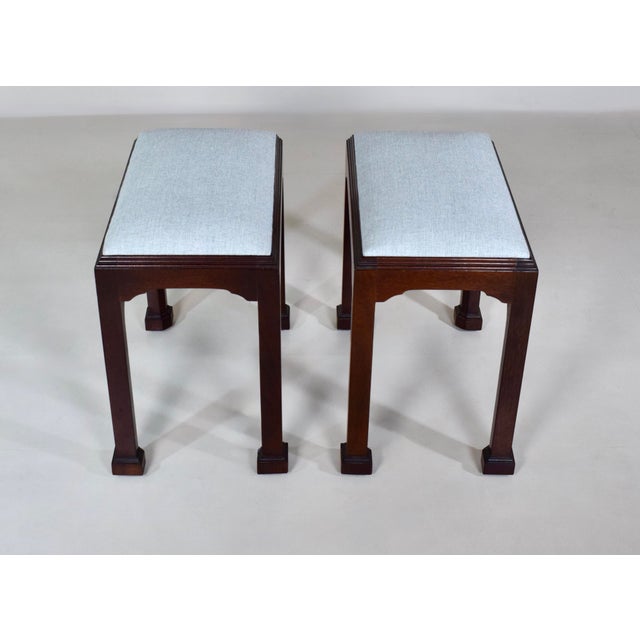 English Chippendale Style Footstools by Madison Square in Mahogany & Blue For Sale - Image 3 of 5
