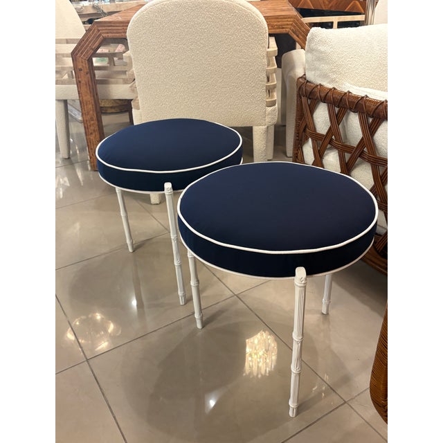 Pair Vintage Restored Faux Bamboo Metal Stools Benches Sunbrella Patio Outdoor For Sale - Image 9 of 12