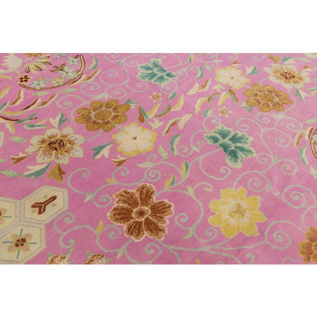 Modern Art Deco Style Handmade Wool Rug in Pink With Floral Design For Sale - Image 11 of 11