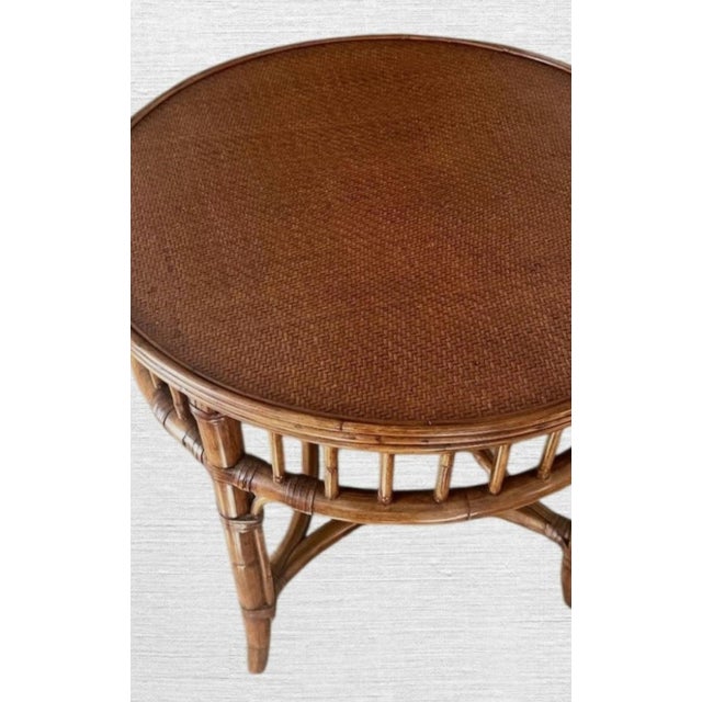 Brown Vintage Ethan Allen Large Chinese Chippendale Round Glass Wicker Top Side Tables- a Pair For Sale - Image 8 of 8