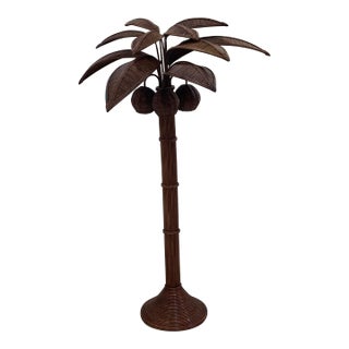 1970s Mario López Torres Style Rattan and Wicker Palm Tree Floor Lamp For Sale