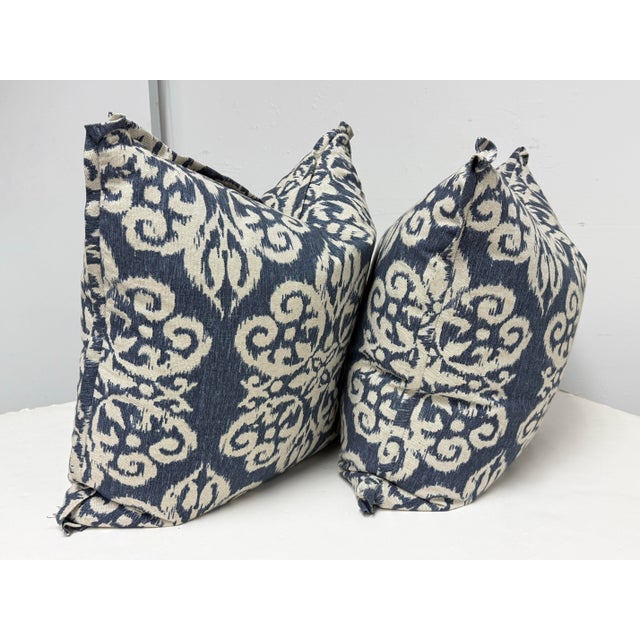 Abstract Bespoke Blue + Ivory Ikat Damask Throw Pillows, Pair For Sale - Image 3 of 12