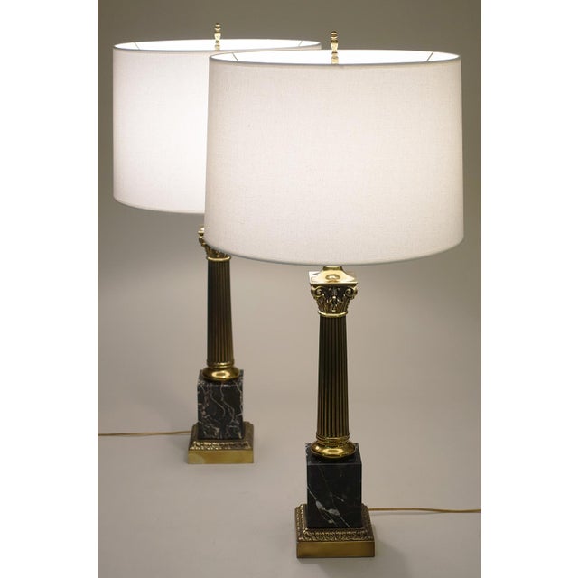 Brass 1960's Westwood Neoclassical Hollywood Regency Corinthan Column Marble Brass Table Lamps - a Pair For Sale - Image 8 of 11