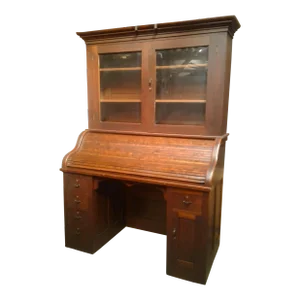 Antique 2 Piece Walnut S Curve Roll Top Desk With Bookcase Top Secret Compartment 1920s