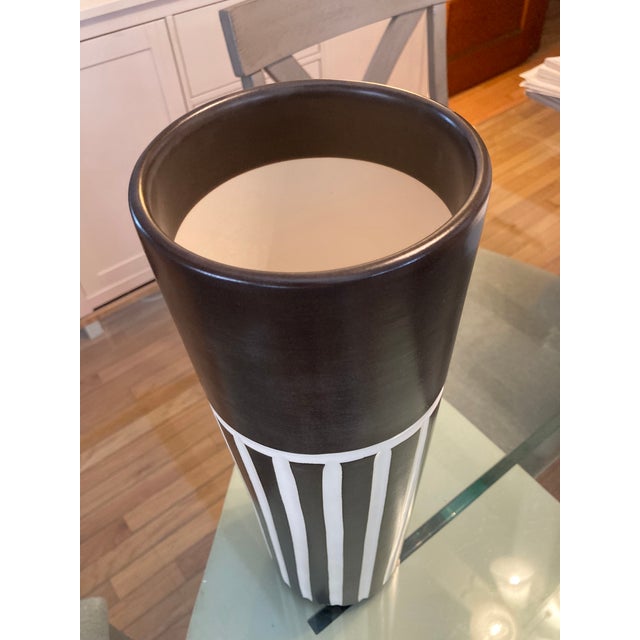 Postmodern Kathy Erteman vase from her 1990-2000 “Black and white carved stoneware” collection. This piece is dated 1998...